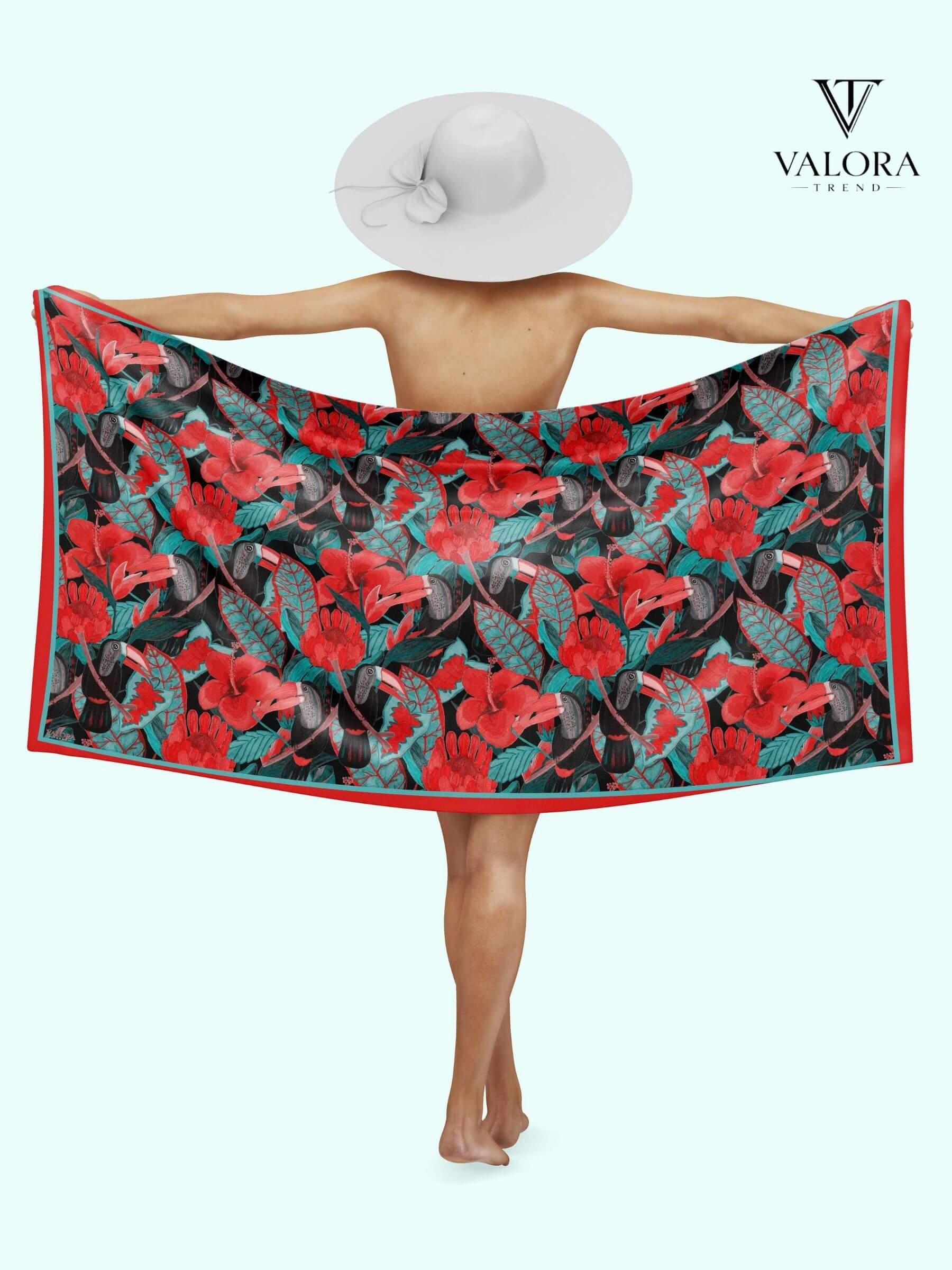 011 011 Tropikal Tukan Kuşu Desenli Lüks Saten Pareo Plaj Elbisesi 92x145 cm - Görsel 1
