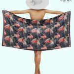 012 Saten Dokulu Flamingo ve Tropikal Yaprak Desenli Büyük Boy Pareo - TREND