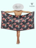 012 Saten Dokulu Flamingo ve Tropikal Yaprak Desenli Büyük Boy Pareo - TREND