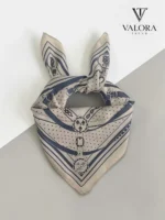 066 Zincir Desenli Saten Bandana Fular - Krem Lacivert Lüks Çanta Aksesuarı