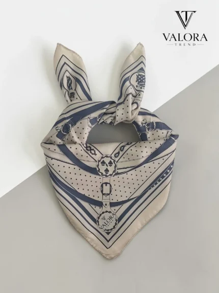 066 Zincir Desenli Saten Bandana Fular - Krem Lacivert Lüks Çanta Aksesuarı