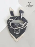 073 Trend Lüks Saten Bandana 57x57 cm - Siyah Ekru Geometrik Desenli