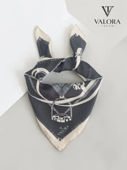 073 Trend Lüks Saten Bandana 57x57 cm - Siyah Ekru Geometrik Desenli
