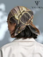 067 Altın Toka Detaylı Saten Bandana Fular - Kahve Camel Lüks Çanta Aksesuarı - Görsel 2