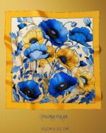 024 Valora Trend Mavi Gelincik Desenli Saten Fular 72x72 cm Kare Fular Kadın Boyun Fuları Saç Fuları Sarı Çerçeveli Şık Aksesuar - Görsel 3