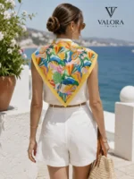 004 Valora Trend Tropikal Desenli Saten Fular 72x72 cm – Meyve ve Palmiye Desenli Kare Fular, Kadın Boyun Fuları, Saç Fuları - Görsel 2