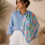 022 Valora Trend Havuz ve Çiçek Desenli Saten Fular 72x72 cm Kare Fular Kadın Boyun Fuları Saç Fuları Yazlık Şık Aksesuar