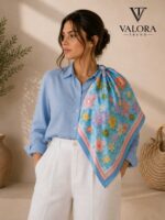 022 Valora Trend Havuz ve Çiçek Desenli Saten Fular 72x72 cm Kare Fular Kadın Boyun Fuları Saç Fuları Yazlık Şık Aksesuar