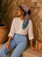 028 Valora Trend İtalya Sahil Manzaralı Saten Fular 72x72 cm Kare Fular Kadın Boyun Fuları Saç Fuları Deniz Temalı Şık Aksesuar - Görsel 2