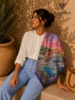 028 Valora Trend İtalya Sahil Manzaralı Saten Fular 72x72 cm Kare Fular Kadın Boyun Fuları Saç Fuları Deniz Temalı Şık Aksesuar