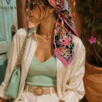029 Valora Trend Leopar Desenli Saten Fular 72x72 cm Kare Eşarp Bandana Şal Boyun Çantası Saç Fuları Soft Yeşil Pembe