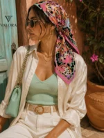 029 Valora Trend Leopar Desenli Saten Fular 72x72 cm Kare Eşarp Bandana Şal Boyun Çantası Saç Fuları Soft Yeşil Pembe