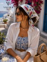 085 Saten Bandana 57x57 cm Akdeniz Desenli Nazar Boncuklu Saç Bandanası Boyun Fuları Çanta Aksesuarı Trend - Görsel 2