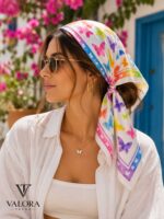 086 Saten Bandana 57x57 cm Renkli Kelebek Desenli Saç Bandanası Boyun Fuları Çanta Aksesuarı Trend - Görsel 2