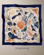 084 Saten Bandana 57x57 cm Deniz Kabuğu Desenli Saç Bandanası Boyun Fuları Çanta Aksesuarı Lacivert Trend - Görsel 4