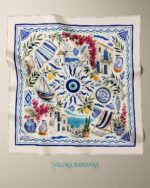 085 Saten Bandana 57x57 cm Akdeniz Desenli Nazar Boncuklu Saç Bandanası Boyun Fuları Çanta Aksesuarı Trend - Görsel 4