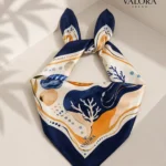 084 Saten Bandana 57x57 cm Deniz Kabuğu Desenli Saç Bandanası Boyun Fuları Çanta Aksesuarı Lacivert Trend