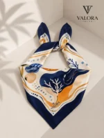 084 Saten Bandana 57x57 cm Deniz Kabuğu Desenli Saç Bandanası Boyun Fuları Çanta Aksesuarı Lacivert Trend