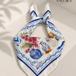 085 Saten Bandana 57x57 cm Akdeniz Desenli Nazar Boncuklu Saç Bandanası Boyun Fuları Çanta Aksesuarı Trend