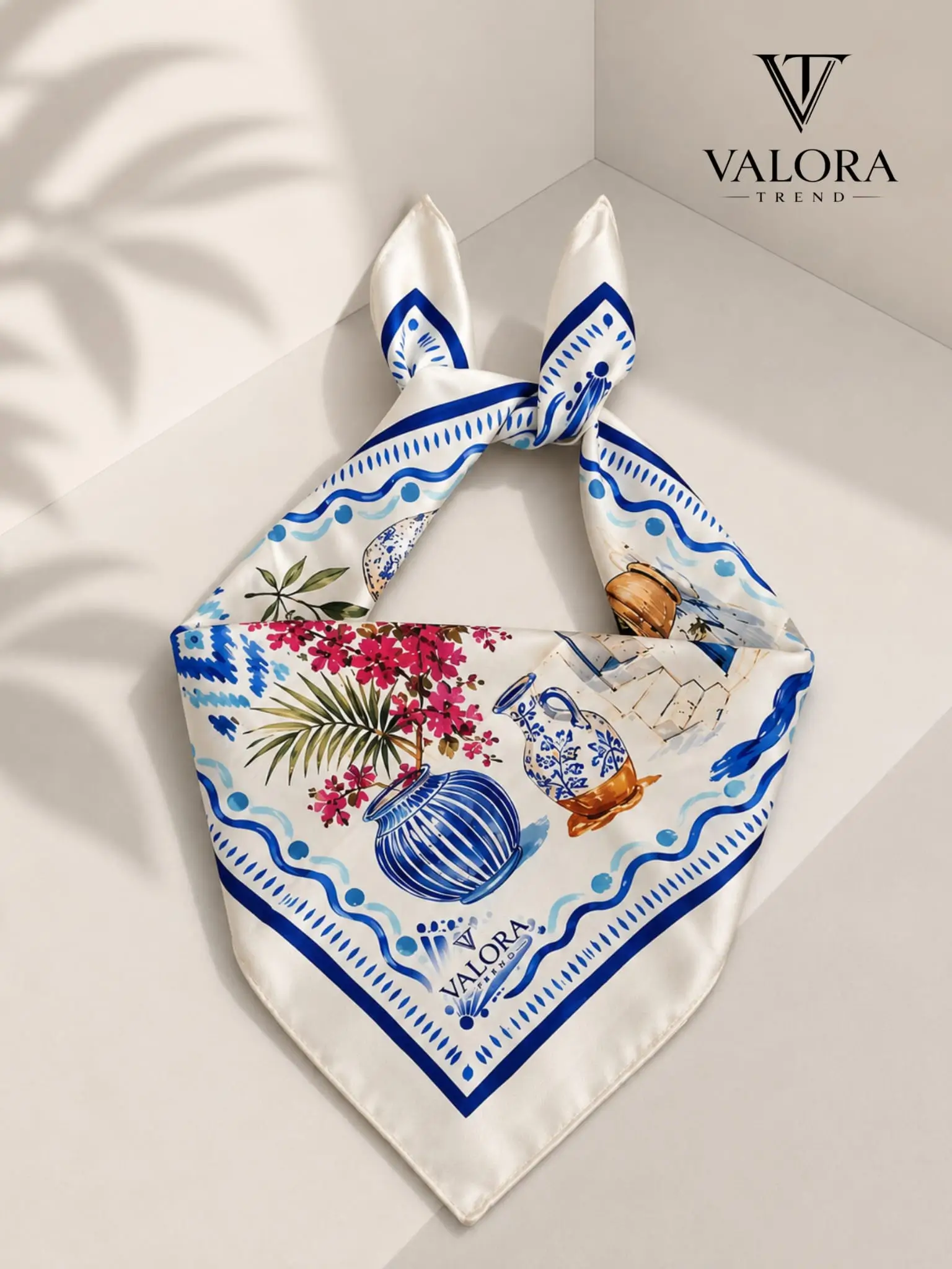 ÜÇGEN_085 085 Saten Bandana 57x57 cm Akdeniz Desenli Nazar Boncuklu Saç Bandanası Boyun Fuları Çanta Aksesuarı Trend - Görsel 1