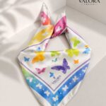 086 Saten Bandana 57x57 cm Renkli Kelebek Desenli Saç Bandanası Boyun Fuları Çanta Aksesuarı Trend
